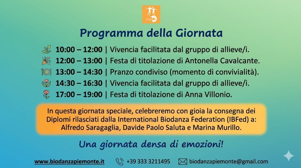 Programma della giornata: vivencias, titolazioni, pranzo condiviso e consegna diplomi IBFed.