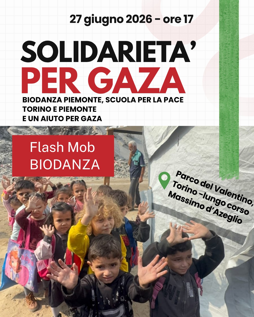 Locandina evento solidale: 27 giugno 2026 ore 17, Solidarietà, Biodanza Piemonte, Scuola per la Pace Torino e Piemonte, un aiuto per Gaza.