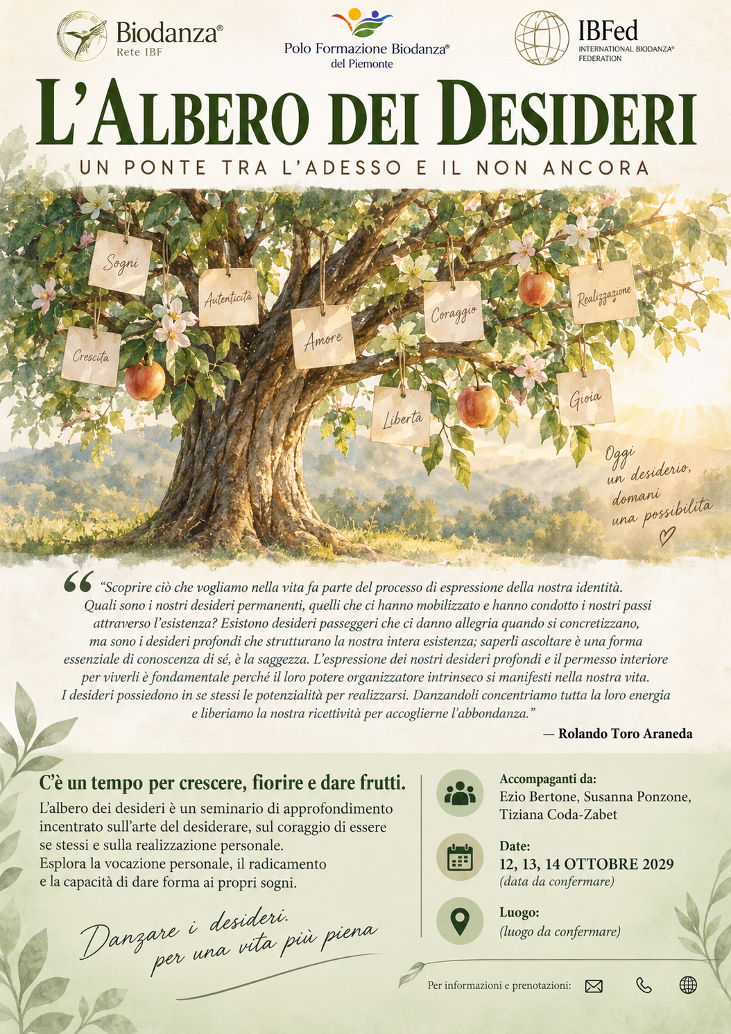 Locandina: Stage L'Albero dei Desideri — 11 e 12 luglio 2026. Uno spazio-tempo dedicato all'ascolto e alla realizzazione dei nostri desideri.
